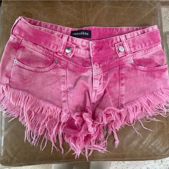 Retrofete Pants - Retrofete Pink Fringed Denim Shorts